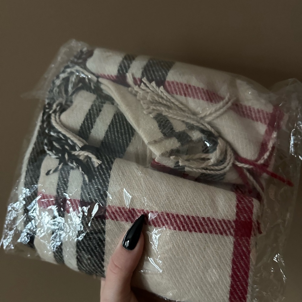 Plaid Fringe Scarf - Cream, Black, Red - Picture 7 of 8